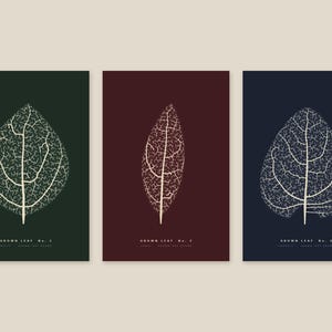 May include: Three rectangular wall art prints featuring white skeletal leaf illustrations. The left print is dark green with text GROWN LEAF No. 1, the center is dark red with GROWN LEAF No. 2, and the right is dark blue with GROWN LEAF No. 3.