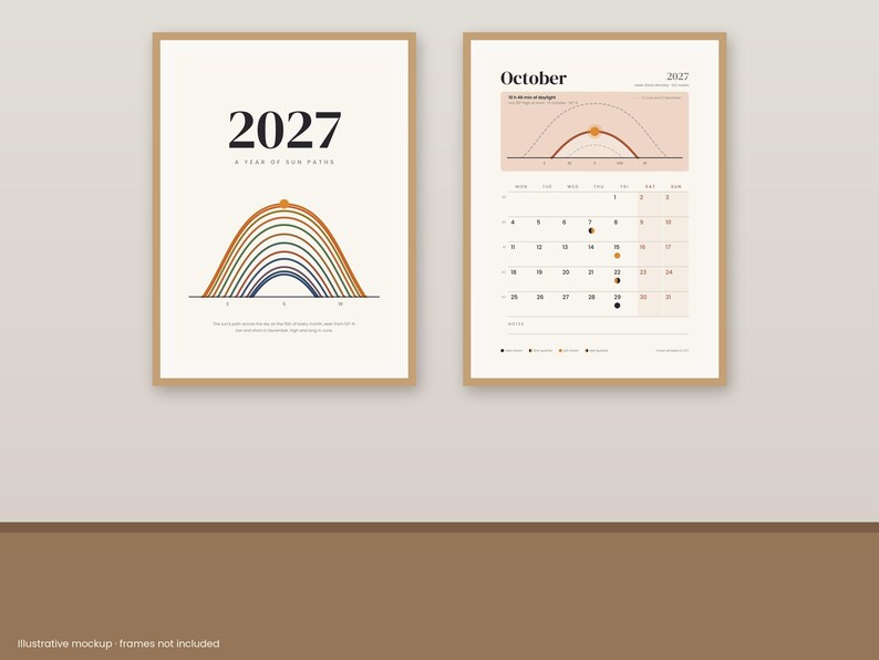 May include: Two framed wall posters featuring a 2027 calendar design. The left poster displays the text 2027 A YEAR OF SUN PATHS above a multi-colored arc graphic. The right poster shows the month of October 2027 with a sun path diagram.