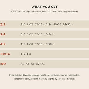 May include: A digital product information chart titled WHAT YOU GET, listing 5 ZIP files, 15 high-resolution JPGs at 300 DPI, and a printing guide. It details aspect ratios 2:3, 3:4, 4:5, 11x14, and ISO sizes A5, A4, A3, A2, and A1 in inches.