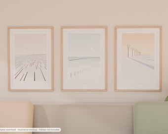 May include: Three vertical framed wall art prints featuring landscape illustrations in muted tones. The left print shows abstract lines, the centre shows a horizon with a fence, and the right shows a row of trees. Text reads: Digital download, illustrative mockup, frames not included.