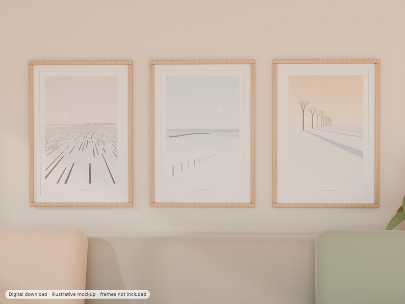 Peut inclure: Trois affiches murales verticales encadr&eacute;es pr&eacute;sentant des illustrations de paysages aux tons sourds. L'affiche de gauche montre des lignes abstraites, celle du centre un horizon avec une cl&ocirc;ture, et celle de droite une rang&eacute;e d'arbres. Texte : Digital download, illustrative mockup, frames not included.