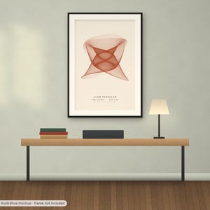May include: A framed wall art print featuring a geometric, rust-colored line art pattern on a cream background. The text SLOW PENDULUM THE SWING THE LINE is printed in black at the bottom. The artwork is displayed in a black frame on a wall.