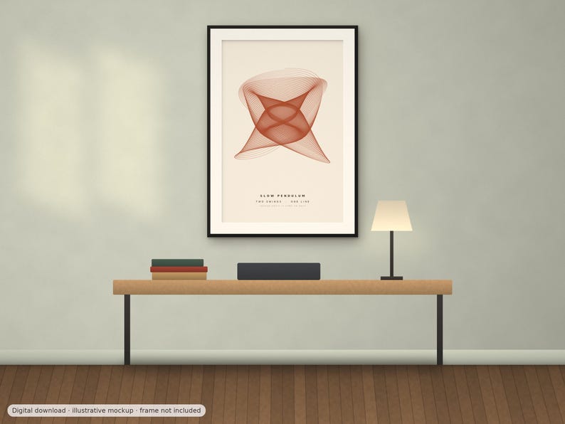 May include: A framed wall art print featuring a geometric, rust-colored line art pattern on a cream background. The text SLOW PENDULUM THE SWING THE LINE is printed in black at the bottom. The artwork is displayed in a black frame on a wall.