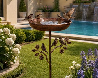 Metal Bird Bath for Garden, Decorative Outdoor Bird Bath with Bird Statue, Rustic Copper Finish Yard Art, Lawn Patio Bird Bath
