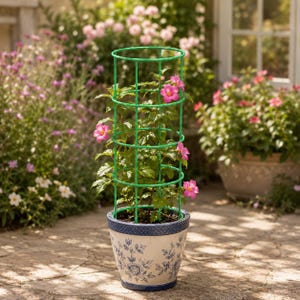 Puede incluir: Un enrejado cilíndrico de alambre verde sostiene una planta de hojas verdes con flores rosas. La planta está en una maceta de cerámica blanca con un patrón floral azul y un borde azul texturizado, situada sobre una superficie de piedra.