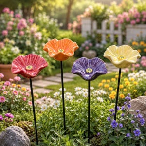 Peut inclure: Quatre tuteurs de jardin en forme de fleurs en céramique avec des pétales brillants rouges, orange, violets et jaunes. Chaque fleur possède un centre texturé et est fixée sur une fine tige métallique noire pour le jardin.