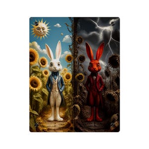 May include: A rectangular wall art piece featuring a split scene. On the left, a white rabbit in a blue suit stands among sunflowers under a sunny sky. On the right, a red rabbit in a red suit stands among dark sunflowers under a stormy sky.