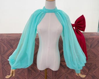 Turquoise High Collar Bubble Sleeves, Tulle Wedding Shoulder Cover Up