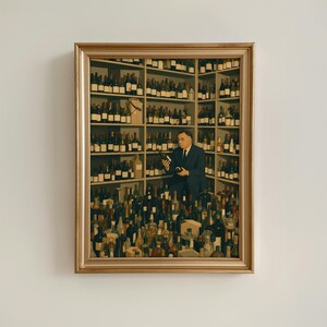 Puede incluir: Una impresión artística enmarcada que muestra a una persona con traje oscuro agachada en una bodega llena de numerosas botellas de vidrio en estantes y en el suelo. La persona sostiene una botella rodeada por una vasta colección de vinos.