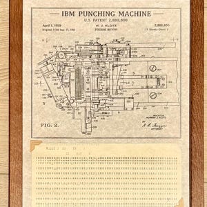 Tarjeta perforada antigua de un ordenador central IBM con esquema de la máquina.