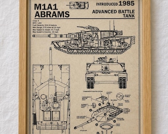 May include: A framed technical print of the M1A1 Abrams advanced battle tank. The beige poster features black line drawings of the tank from side, top, and front views, along with detailed component diagrams and specifications in English.