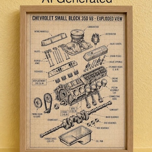 May include: A framed technical print titled CHEVROLET SMALL BLOCK 350 V8 - EXPLODED VIEW. The diagram displays engine components including the intake manifold, carburetor, distributor, valve covers, spark plugs, pistons, and crankshaft on a grid background.