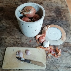 May include: A white ceramic onion keeper with holes for ventilation. The keeper is filled with onions and has a matching lid. There are also some peeled onions and garlic cloves on a wooden chopping board.