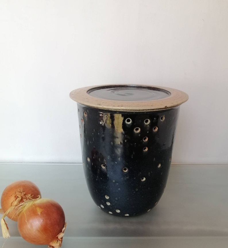 Onion keeper garlic onion potato storage jar with lid ceramic big sized storage container box ceramic kitchen gadget handmade food canister image 3