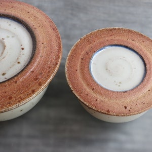 May include: Two ceramic bowls with lids. The bowls are white with a brown rim and a blue line around the inside. The lids are the same color and have a similar design.