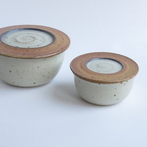 May include: Two ceramic bowls with lids. The larger bowl is white with brown speckles and a brown lid with a blue rim. The smaller bowl is white with brown speckles and a brown lid with a blue rim.