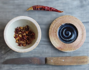 Ceramic lidded jar herbs and spieces storage container with lid salt keeper stoneware bowl with lid pottery salt cellar dark blue glaze