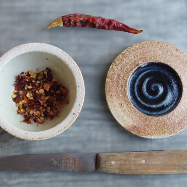 Ceramic lidded jar herbs and spieces storage container with lid salt keeper stoneware bowl with lid pottery salt cellar dark blue glaze