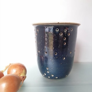 Puede incluir: Un recipiente para cebollas de cerámica azul oscuro con tapa y agujeros para ventilación. El recipiente está moteado de blanco y tiene una forma ligeramente redondeada.