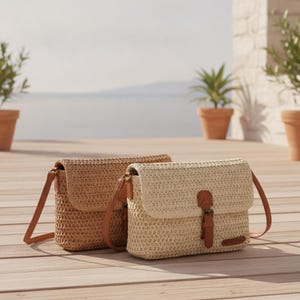 Woven Raffia Straw Crossbody Bag | Adjustable Leather Strap Shoulder Purse