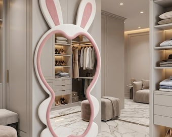 Cute Rabbit Full Length Floor Mirror, Large Standing Mirror, Kawaii Bunny Full Body Mirror, Bedroom Decorative Mirror, Wall Leaning Mirror