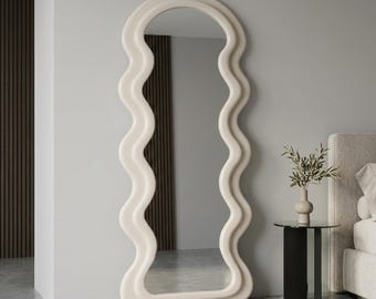 Asymmetrical Full Length Floor Mirror, Wavy Wall Mirror, Irregular Decorative Mirror, Large Standing Bedroom Statement Mirror