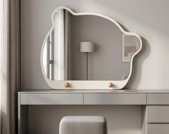 Asymmetrical Vanity Mirror, Decorative Wall Mirror for Bedroom, Organic Shaped Wooden Mirror, Round Mirror, Aesthetic Dressing Table Décor