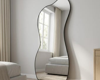 Asymmetrical Decorative Mirror, Full Length Floor Mirror, Irregular Wall Mirror, Organic Wavy Frameless Mirror, Modern Bedroom Decor