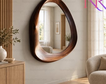 Walnut Wooden Asymmetrical Mirror, Organic Wall Mirror, Decorative Wooden Mirror, French Style Bedroom Mirror, Modern Dressing Mirror