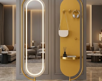 360 Rotating LED Full Length Floor Mirror, Decorative Standing Dressing Mirror, Coat Rack with Storage, Touch Dimmable Bedroom Mirror