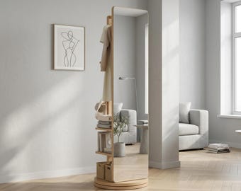 360 Rotating Full Length Floor Mirror with Storage And Coat Rack, Solid Wood Standing Dressing Mirror For Bedroom Entryway, Modern Mirror
