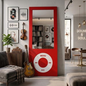 Puede incluir: Un espejo de pie rectangular y rojo diseñado para parecerse a un reproductor de música digital antiguo. La sección superior presenta un gran espejo vertical, mientras que la sección inferior muestra una interfaz de control circular blanca con el texto MENU.