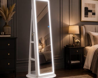 Full Length Floor Mirror with  Jewelry Armoire, Decorative Mirror with LED Lights, Dressing Mirror with Storage, Full Body Standing Mirror