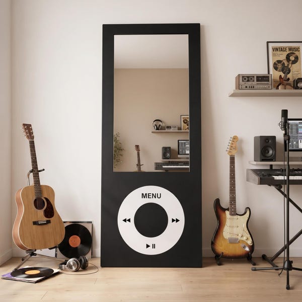 May include: A tall, rectangular floor mirror with a black frame designed to resemble a classic digital music player. The mirror features a large white circular control interface at the bottom with the text MENU and standard playback symbols.