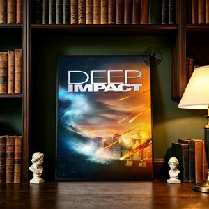 May include: A rectangular movie poster for Deep Impact featuring a large tidal wave on the left and a city skyline under a meteor shower on the right. The title Deep Impact is printed in bold white capital letters at the top of the poster.