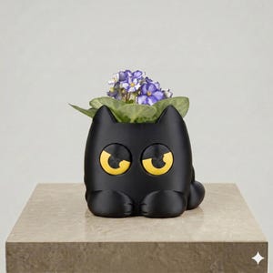 Puede incluir: Una maceta de color negro mate con forma de gato, grandes ojos amarillos redondos y orejas puntiagudas. La maceta contiene una pequeña planta con flores de hojas verdes y pétalos morados y blancos, creando un recipiente decorativo compacto.