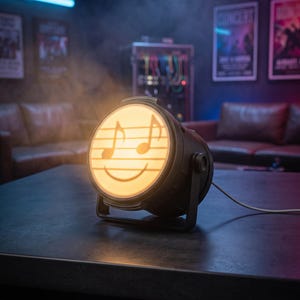May include: A black circular stage light with an illuminated front panel featuring a warm yellow glow. The panel displays a graphic of horizontal musical staff lines, two musical notes, and a smiling face centered within the circular frame.