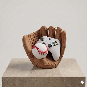 Puede incluir: Una escultura de guante de béisbol marrón texturizado que sostiene una pelota de béisbol blanca con costuras rojas y un mando de videojuego blanco con joysticks negros y botones de acción multicolores. El guante tiene un patrón tejido.