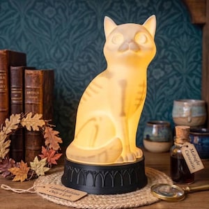 May include: A glowing, translucent cat-shaped lamp with a visible skeletal structure inside, mounted on a black, arched-detail base. The lamp emits a warm, soft light, highlighting the feline silhouette and internal bone details in a seated pose.