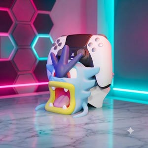 May include: A light blue and yellow figurine of the creature Gyarados, designed as a controller stand. The figurine features a wide-open mouth, a dark blue crest, and is currently holding a white and black wireless game controller in its mouth.