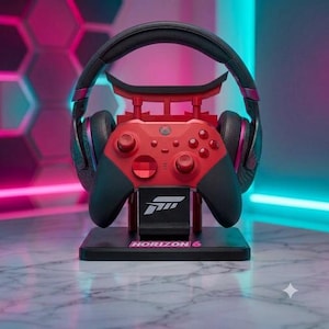 May include: A red and black gaming controller and black over-ear headphones resting on a black stand. The stand features a white Forza logo and the text HORIZON 6 on the base. The controller has a red faceplate with black grips and buttons.