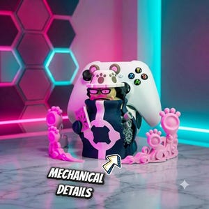 May include: A figurine of a character wearing a white hat with paw prints, glasses, and a dark coat, holding a book labeled BIBLE. The figure is positioned in front of a white game controller and flanked by pink paw-shaped accents with text MECHANICAL DETAILS.