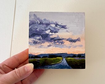 A peaceful orange sunset with purple clouds, original acrylic landscape painting, small 4” x 4” art