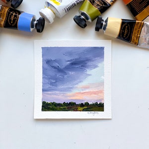 Tiny Original sunrise incoming stormy painting on paper, dark and moody rising sun acrylic landscape home decor, sky painter, peaceful art. image 4