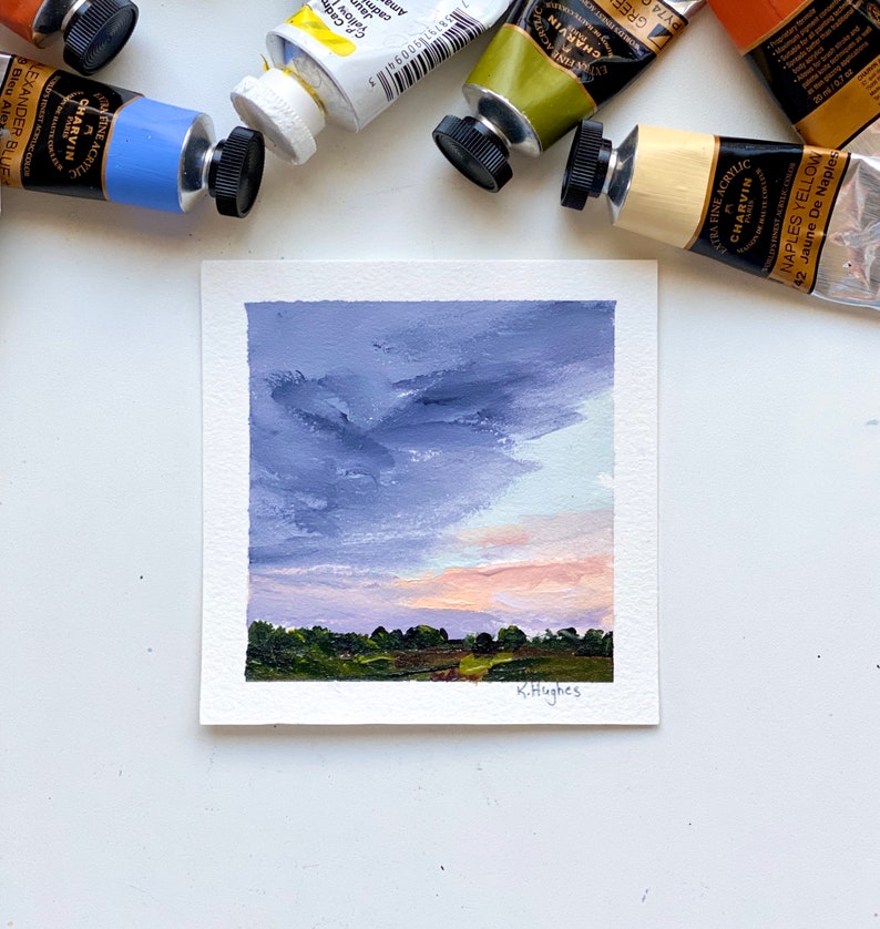 Tiny Original sunrise incoming stormy painting on paper, dark and moody rising sun acrylic landscape home decor, sky painter, peaceful art. image 4