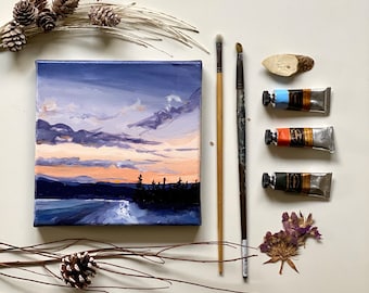 Peaceful Winter sunset Original dramatic orange sky against blue mountains, colorful purple clouds acrylic on canvas, sky painter.