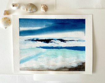 Original minimalist ocean mixed media painting on watercolor paper, calm sea, clear blue water art, watercolor/acrylic.