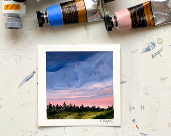 Tiny Pink stormy sunset original sky painting on paper, brilliant purple evening acrylic landscape, setting sun