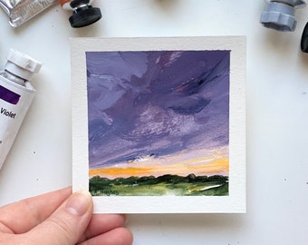 Small Original cheerful peaceful sunset acrylic sky painting on paper, purple and stormy evening cloudy landscape, peace after the storm art