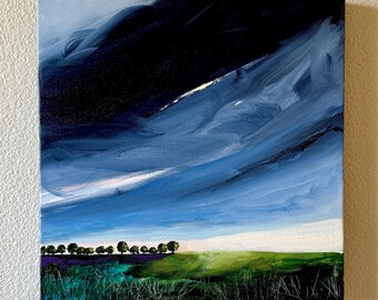 Original stormy wall art morning light painting dark clouds wall decor stormy sunrise wall art for the living room green meadow wall decor